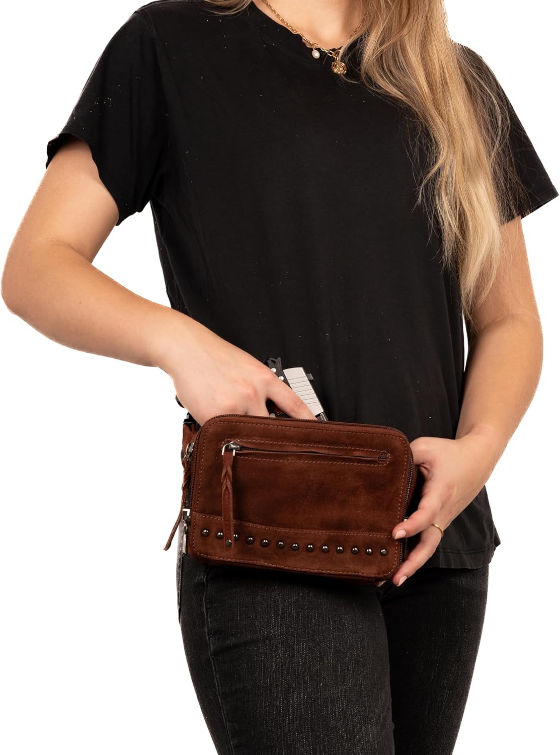 Kailey Concealed Self Defence Waist Bag by Lady Conceal - Buffalo or Suede Cowhide Leather, 3 Open Sides and YKK Locking Zippers with Universal Holster (Dark Brown) - 8' L x 5.5' H x 2.25'
