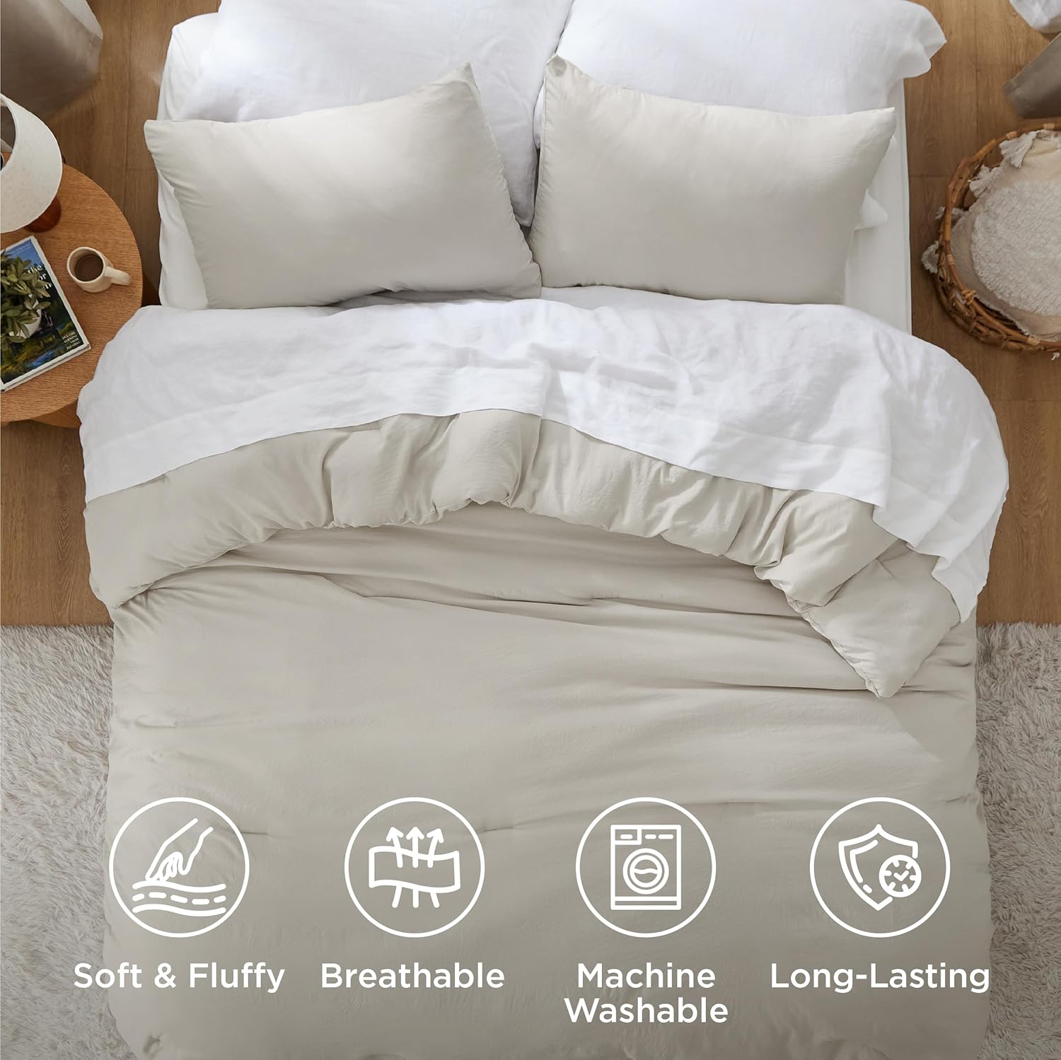 Bedsure Super King Comforter Set, Beige Soft Prewashed Bedding for All Seasons, 3 Pieces GentleSoft™ Bed Set, 1 Lightweight Comforter (120'x120') and 2 Pillowcases (20'x36')