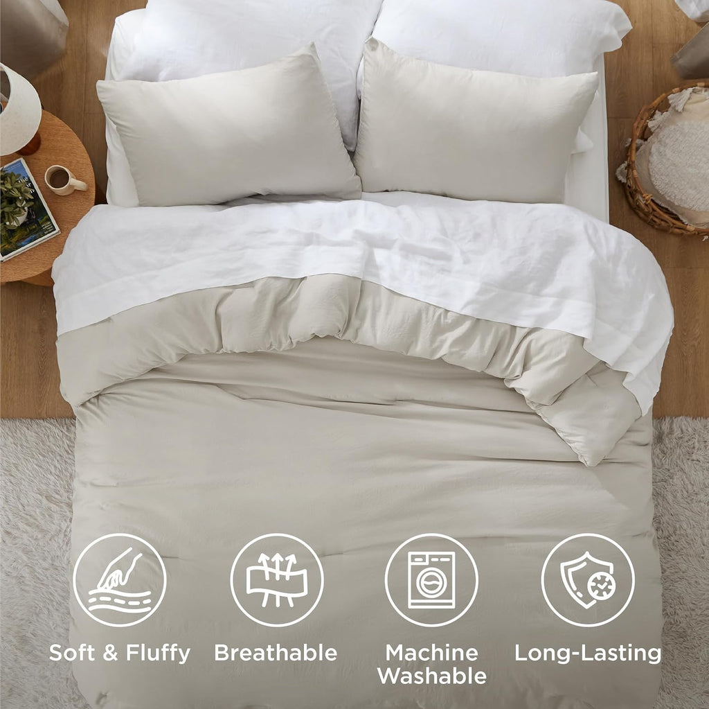 Bedsure Super King Plus Comforter Set, Beige Soft Prewashed Bedding for All Seasons, 3 Pieces GentleSoft™ Bed Set, 1 Lightweight Comforter (128'x120') and 2 Pillowcases (20'x36')