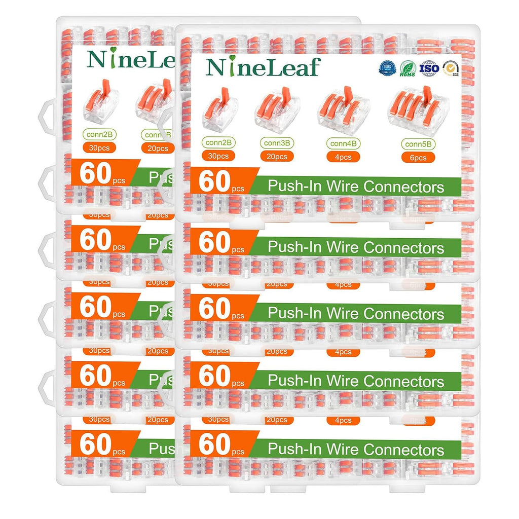 NineLeaf 60 Pcs Lever Wire Connectors Kit, 2/3/4/5 Port Push-in Electrical Wire Nuts with Test Hole for AWG 28-12, Reusable Quick Splice Assortment with Organized Storage Box,10Set