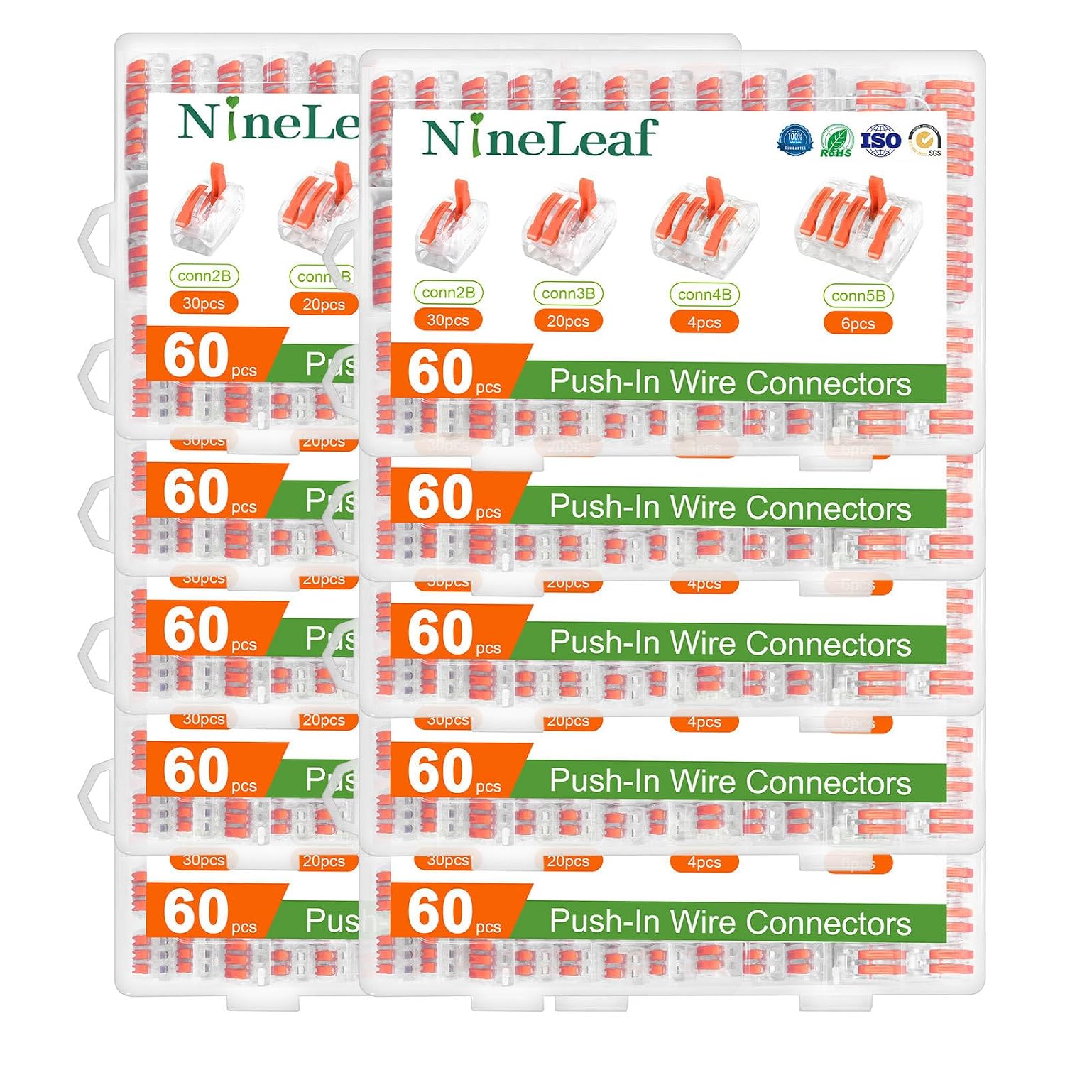 NineLeaf 60 Pcs Lever Wire Connectors Kit, 2/3/4/5 Port Push-in Electrical Wire Nuts with Test Hole for AWG 28-12, Reusable Quick Splice Assortment with Organized Storage Box,10Set