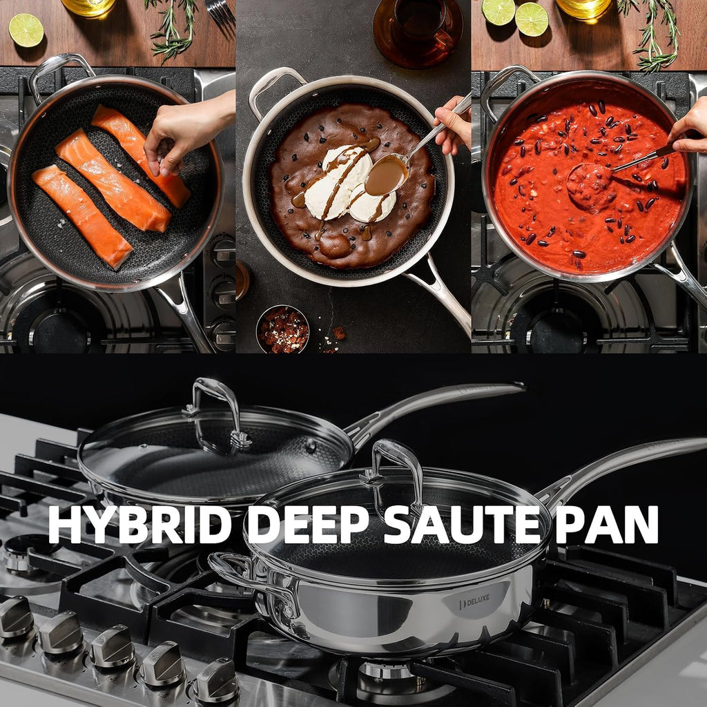 DELUXE Hybrid Ceramic Nonstick 3.7 Qt Deep Sauté Pan with Lid, Stainless Steel Skillet with Stay-Cool Handles, Dishwasher and Oven-Safe, PFOA Free Deep Frying Pan, Compatible with All Cooktops