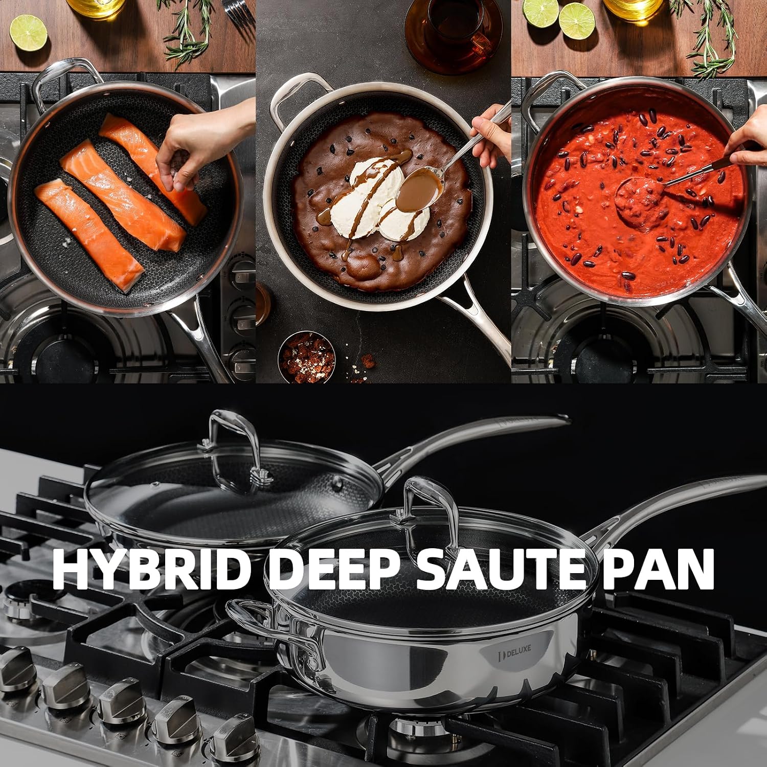 DELUXE Hybrid Ceramic Nonstick 3.7 Qt Deep Sauté Pan with Lid, Stainless Steel Skillet with Stay-Cool Handles, Dishwasher and Oven-Safe, PFOA Free Deep Frying Pan, Compatible with All Cooktops