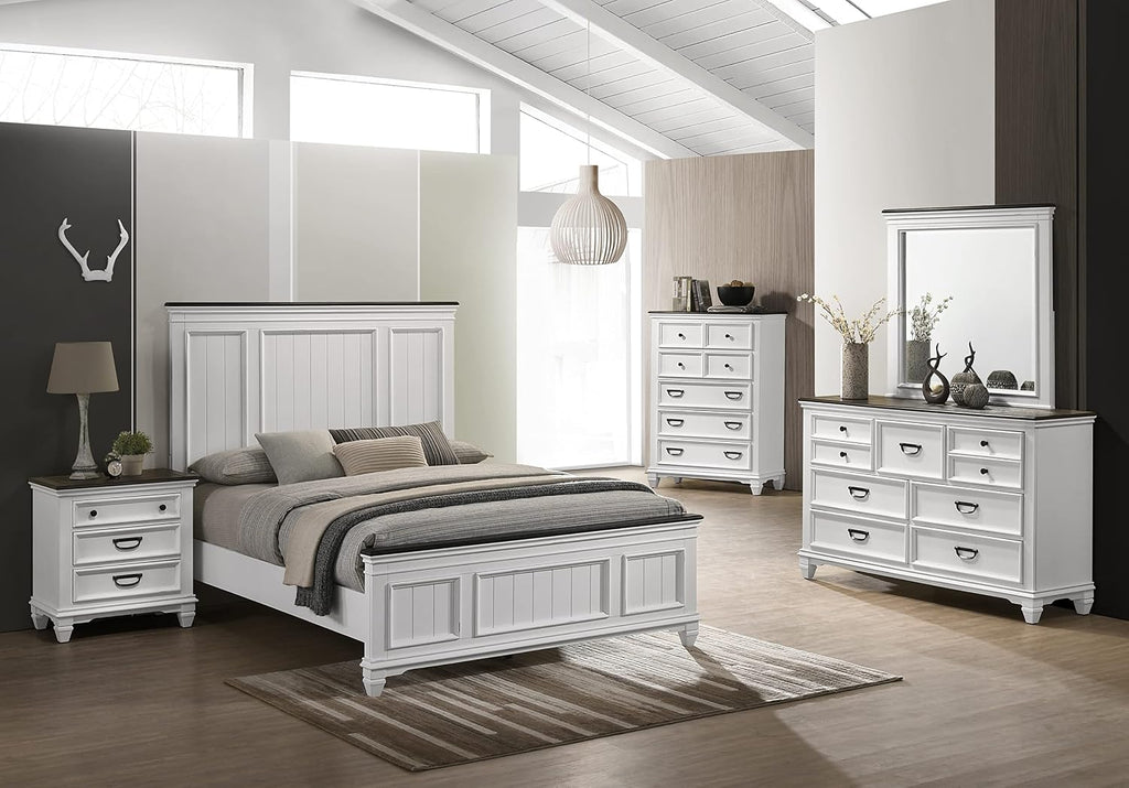 Clelane Wood Bedroom Set with Shiplap Panel Queen Bed, Dresser, Mirror, Nightstand, and Chest in Weathered White and Dark Gray