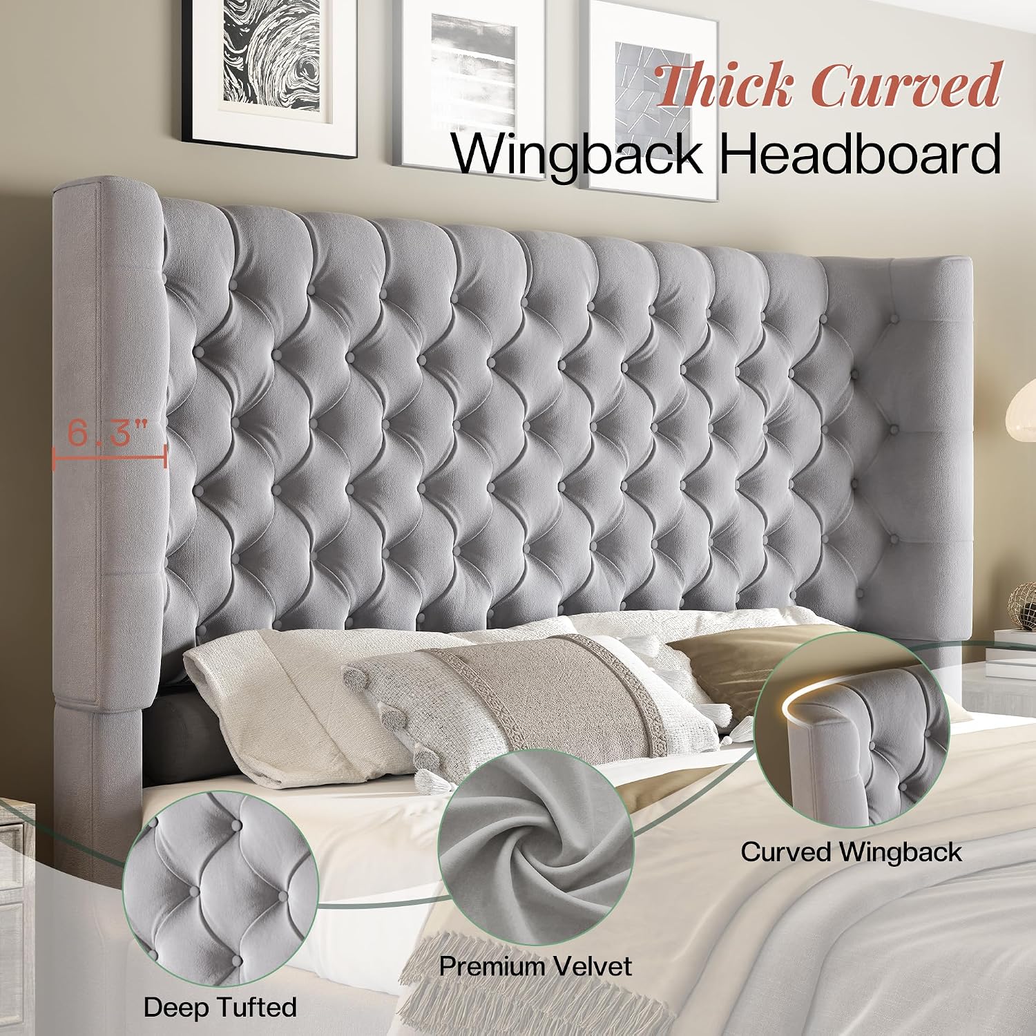Jocisland King Size Platform Bed Frame, 6.3' Thick Upholstered Curved Wingback Headboard and Footboard with Deep Button Tufted, Easy Assembly, No Box Spring Needed, Light Grey Velvet