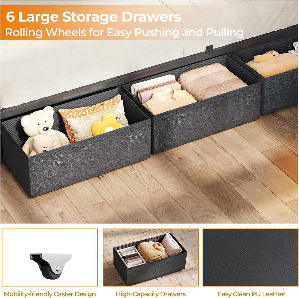 OURPIC Full Size Bed Frame, 2-Tier Storage Headboard & 6 Fabric Drawers, PU Leather Upholstered Platform Bed Frame Full with Charging Station and LED Lights, No Box Spring Needed, Noise Free