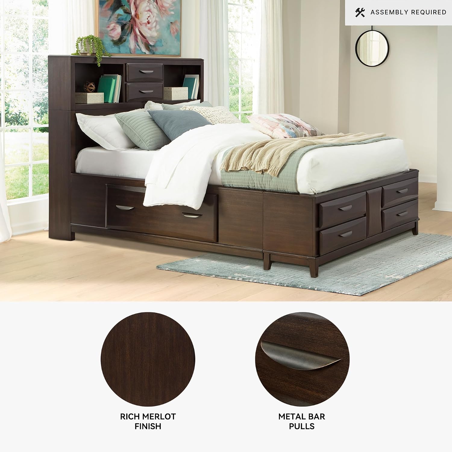 Signature Design by Ashley Vanmore Series Queen Bedframe with Headboard, Storage Drawers and Headboard Cubbies, Casual Contemporary Platform Bed, Dark Brown