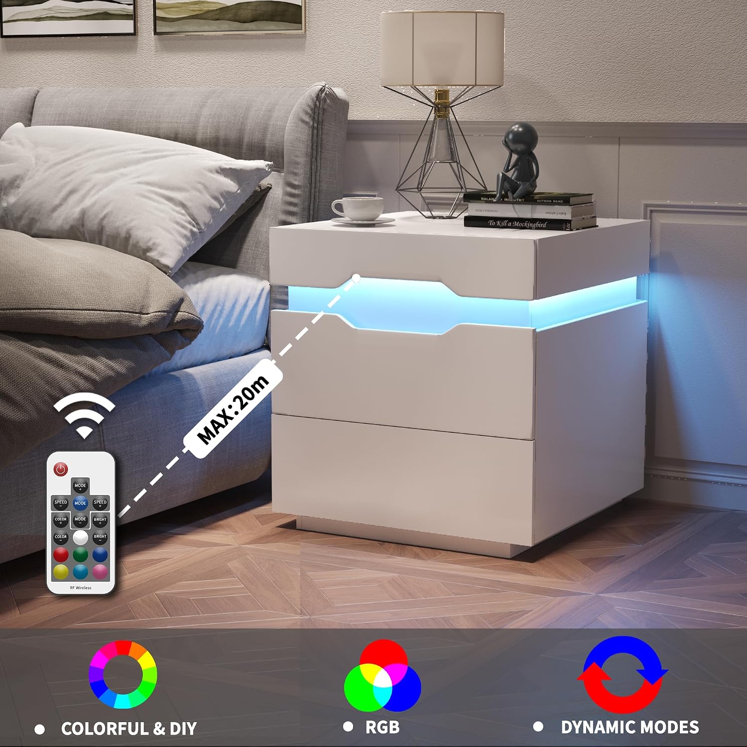 YESHOMY Nightstand with LED Light and Charging Station, Endtable with 2 Drawers, Bedside Table with Large Capacity, for Bedroom, Set of 2, 21.2' Height, White
