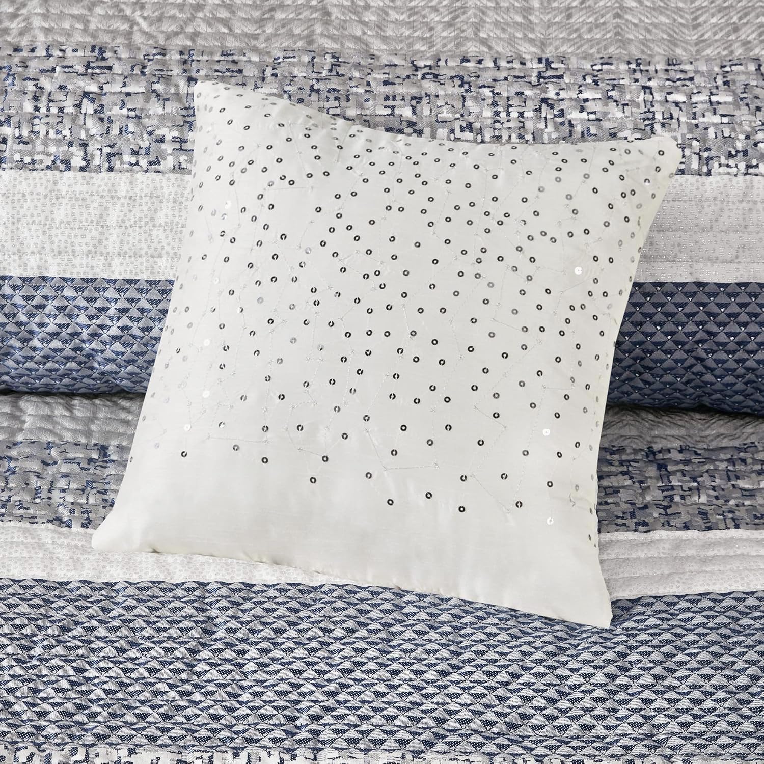 Madison Park King Quilt Set - Lustrous Jacquard & Glitter Accent Coverlet Set for King Size Bed - All Season, Lightweight, Shams, Decorative Pillow, Chevron Grey/Navy