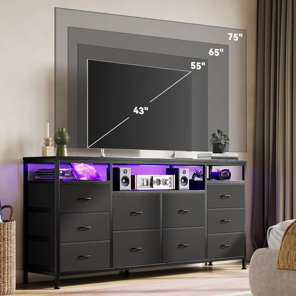 63.3 in Black Dresser for Bedroom, 10 Drawer Dresser TV Stand for 65 70 75 in TV, Fabric Chest of Drawers with LED Lights & Power Outlets, Long Entertainment Center for Closet, Living Room, Entryw