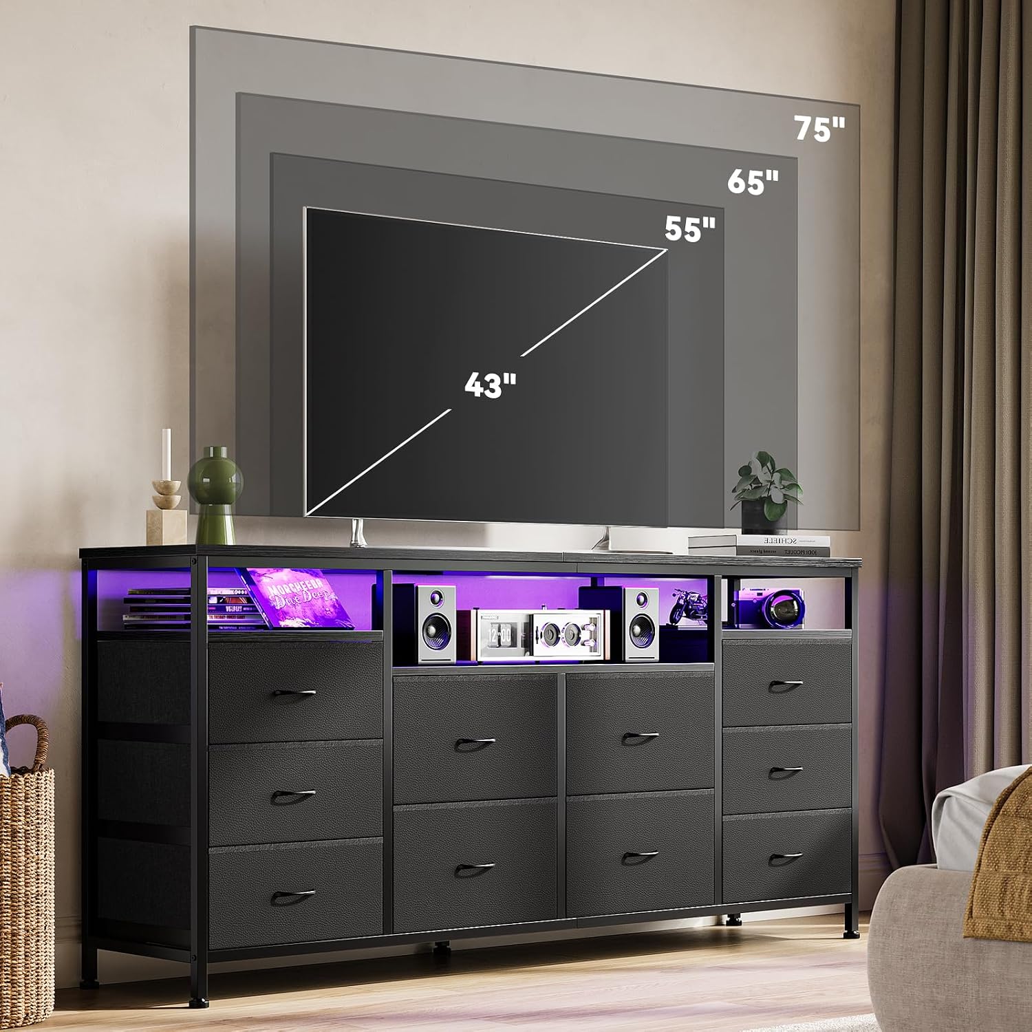 63.3 in Black Dresser for Bedroom, 10 Drawer Dresser TV Stand for 65 70 75 in TV, Fabric Chest of Drawers with LED Lights & Power Outlets, Long Entertainment Center for Closet, Living Room, Entryw