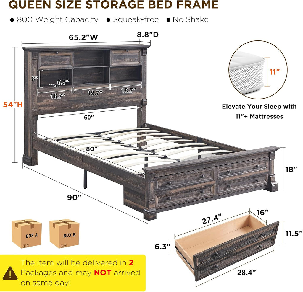 Farmhouse Queen Size Bed Frame with 54' Tall Headboard, Headboard with 4 Storage Rack, 2 Drawers, 18' Roman Column Decoration Footboard, Wood Platform Bed Frame, No Box Spring Needed(Dark Rustic Oak)