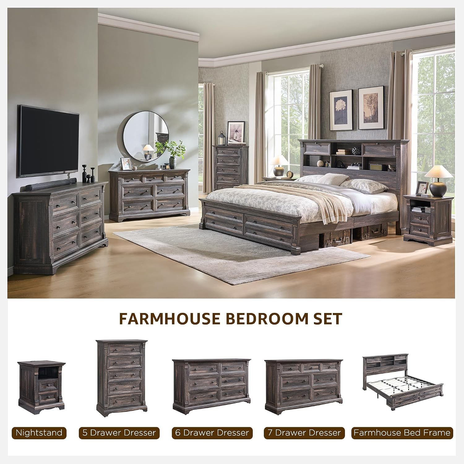 Farmhouse King Size Bed Frame with 54' Tall Headboard, Headboard with 4 Storage Rack, 2 Drawers, 18' Roman Column Decoration Footboard, Wood Platform Bed Frame, No Box Spring Needed(Dark Rustic Oak)