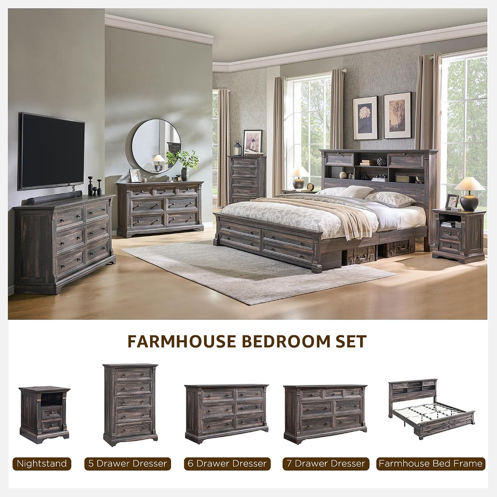 Farmhouse Queen Size Bed Frame with 54' Tall Headboard, Headboard with 4 Storage Rack, 2 Drawers, 18' Roman Column Decoration Footboard, Wood Platform Bed Frame, No Box Spring Needed(Dark Rustic Oak)