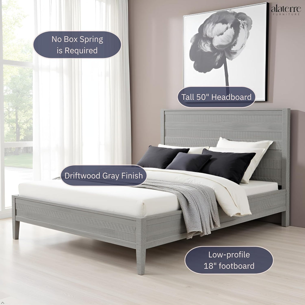 Arden Queen Size Panel Bed Frame – Solid Brazilian Pine Wood with High 50' Headboard, Low 18' Footboard, 8' Underbed Clearance – Modern Contemporary Bedroom by Alaterre Furniture (Driftwood Gray)