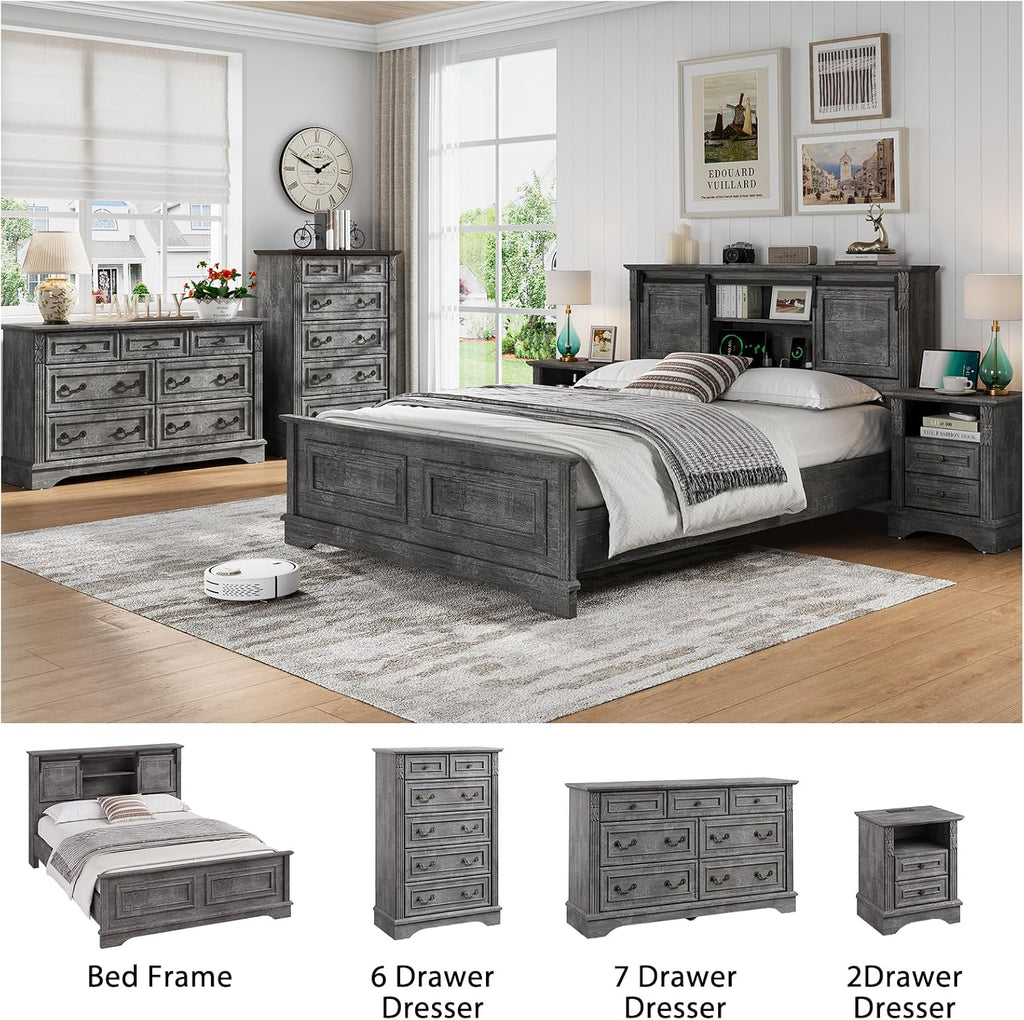 BOSHIRO Farmhouse Queen Size Bed Frame with Storage Bookcase Headboard, Wood Platform Bed Frame w/Charging Station, Bracket Footboard, 2 Large Sliding Barn Doors, No Box Spring Needed - Light Gray+