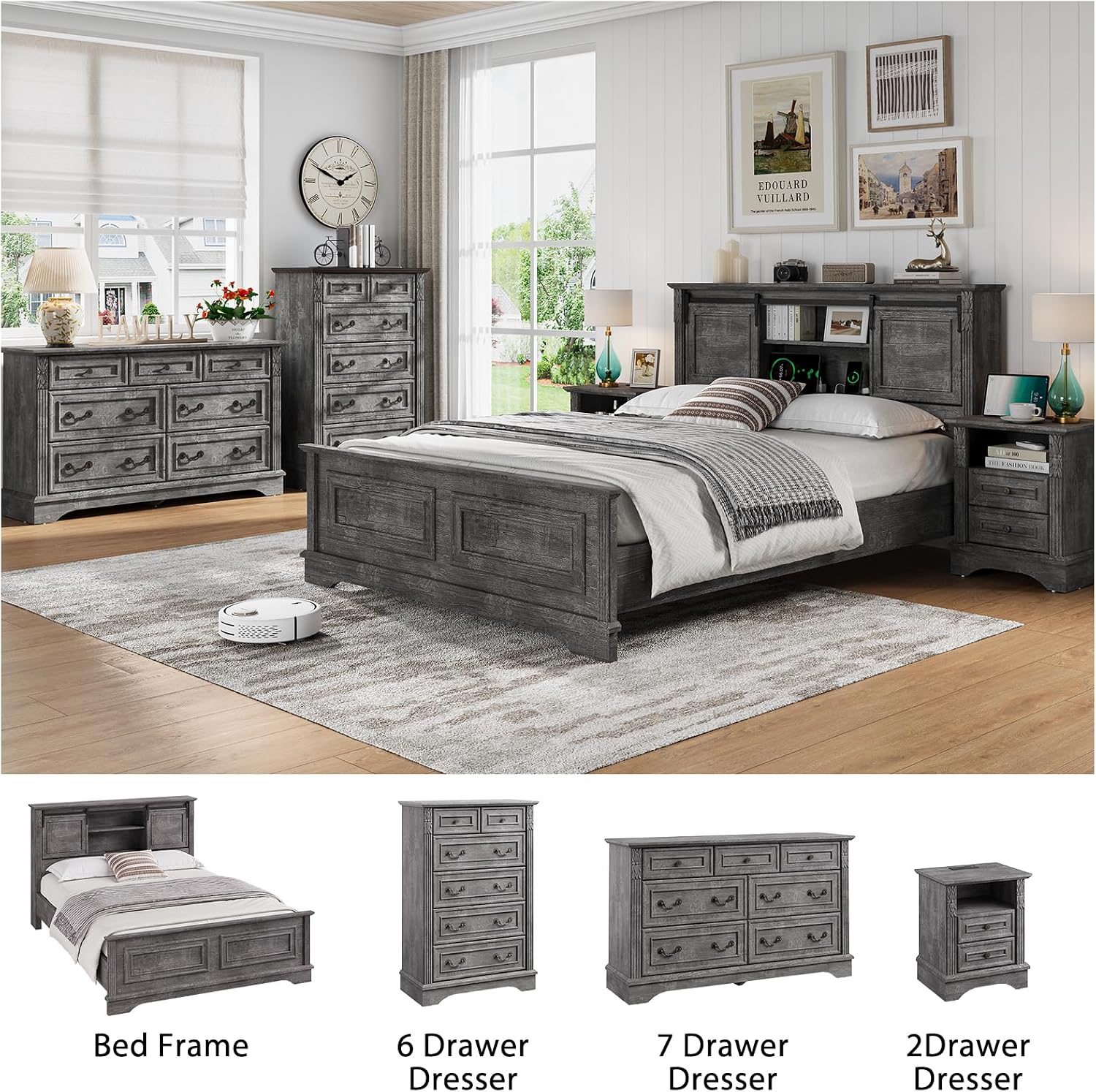 BOSHIRO Farmhouse Queen Size Bed Frame with Storage Bookcase Headboard, Wood Platform Bed Frame w/Charging Station, Bracket Footboard, 2 Large Sliding Barn Doors, No Box Spring Needed - Light Gray+