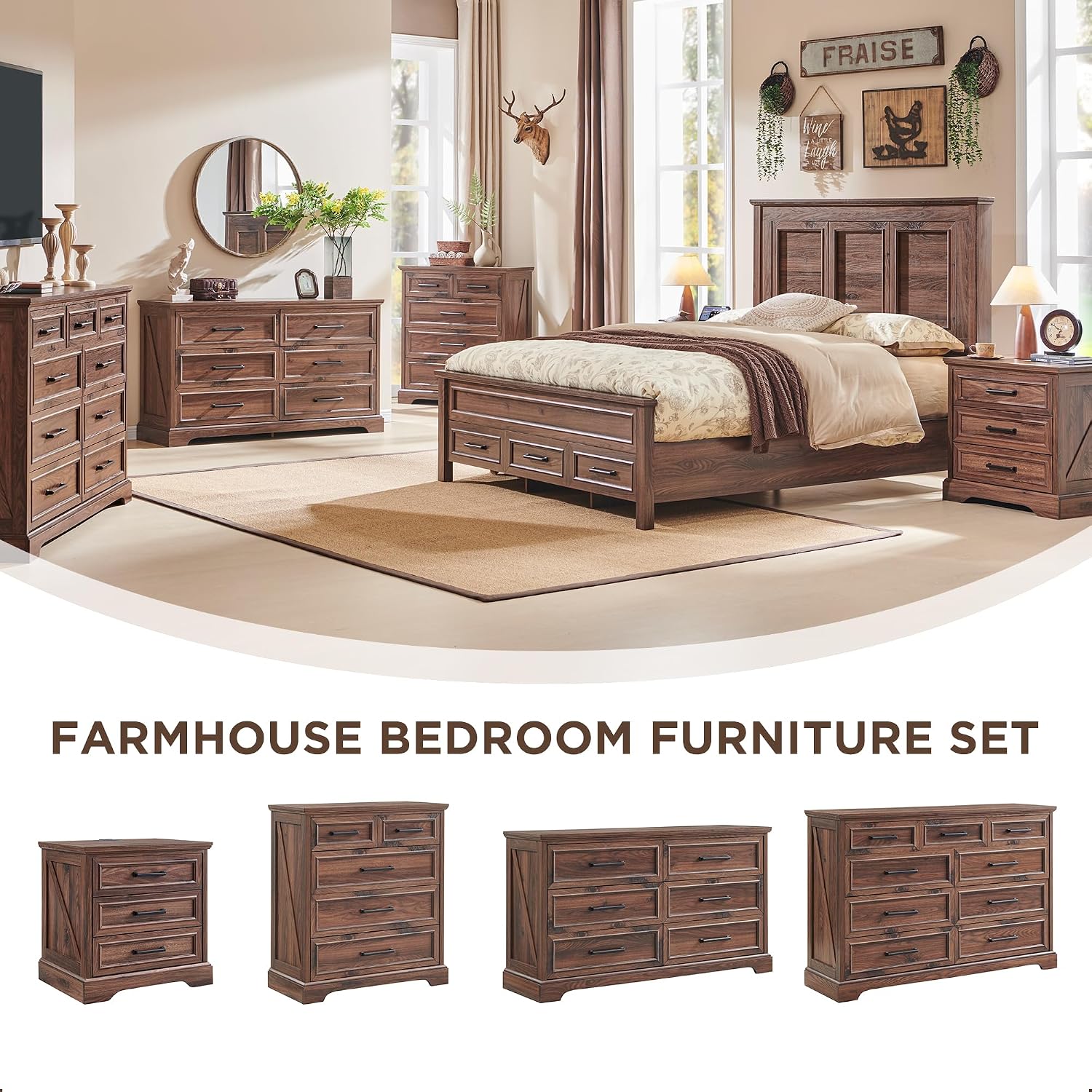 ACCOHOHO Farmhouse Queen Size Bed Frame with 52' Tall Headboard, Wood Platform Bedframe with Footboard and Storage Drawers, No Squeak, No Box Spring Needed, Brown