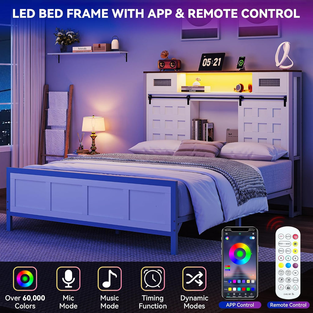 YITAHOME Queen Farmhouse Bed Frame,49.14' Tall Headboard with Storage and Bookcase Led Light & Charging Station, Sliding Barn Door, Wooden Platform Bed Frame, No Box Spring Needed, White