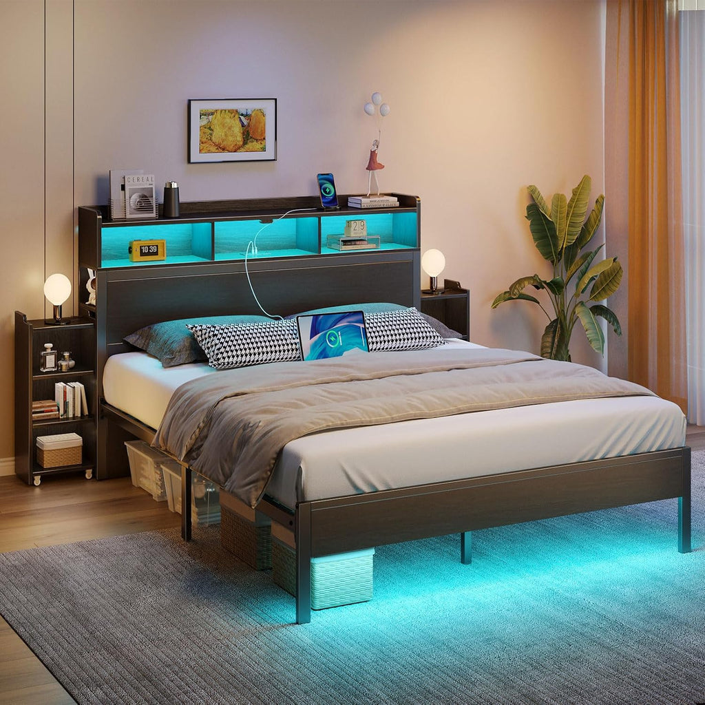 Rolanstar Full Size Bed Frame with Bookcase Storage Headboard, Slide Out Bedside Storage, Bed with Charging Station & LED Lights, Heavy Duty Metal Slats, No Box Spring Needed, Noise Free, Black