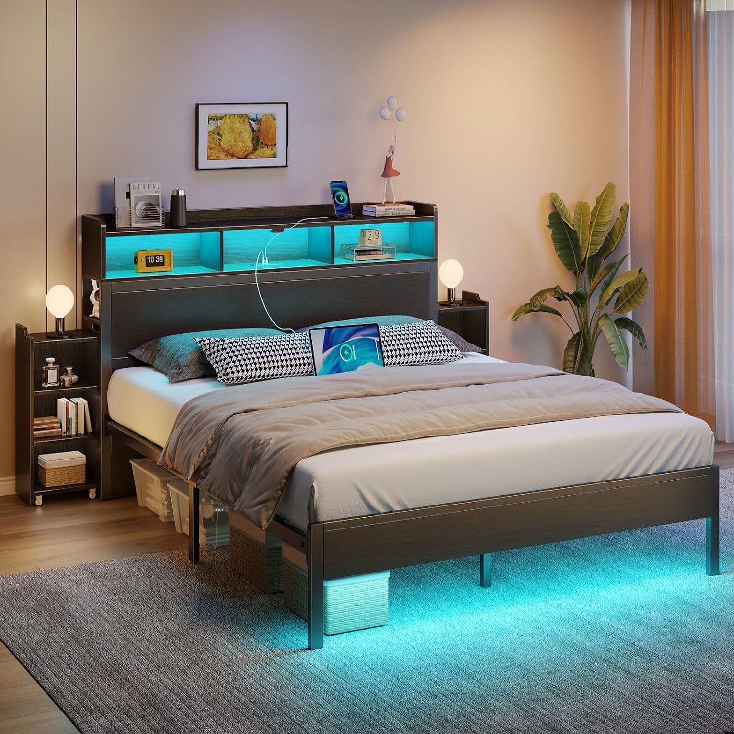 Rolanstar Full Size Bed Frame with Bookcase Storage Headboard, Slide Out Bedside Storage, Bed with Charging Station & LED Lights, Heavy Duty Metal Slats, No Box Spring Needed, Noise Free, Black