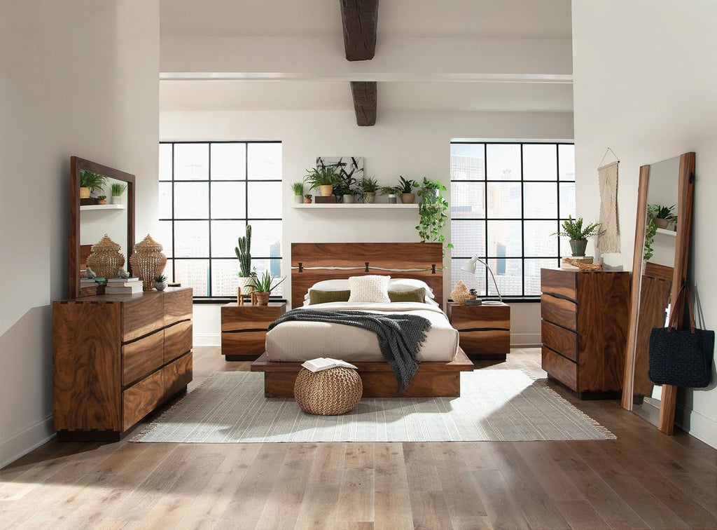 Coaster Home Furnishings Winslow Farmhouse 4-Piece Bedroom Set Live Edge Queen Size Panel Bed Frame 52-inch Headboard Smokey Walnut 223250Q-S4