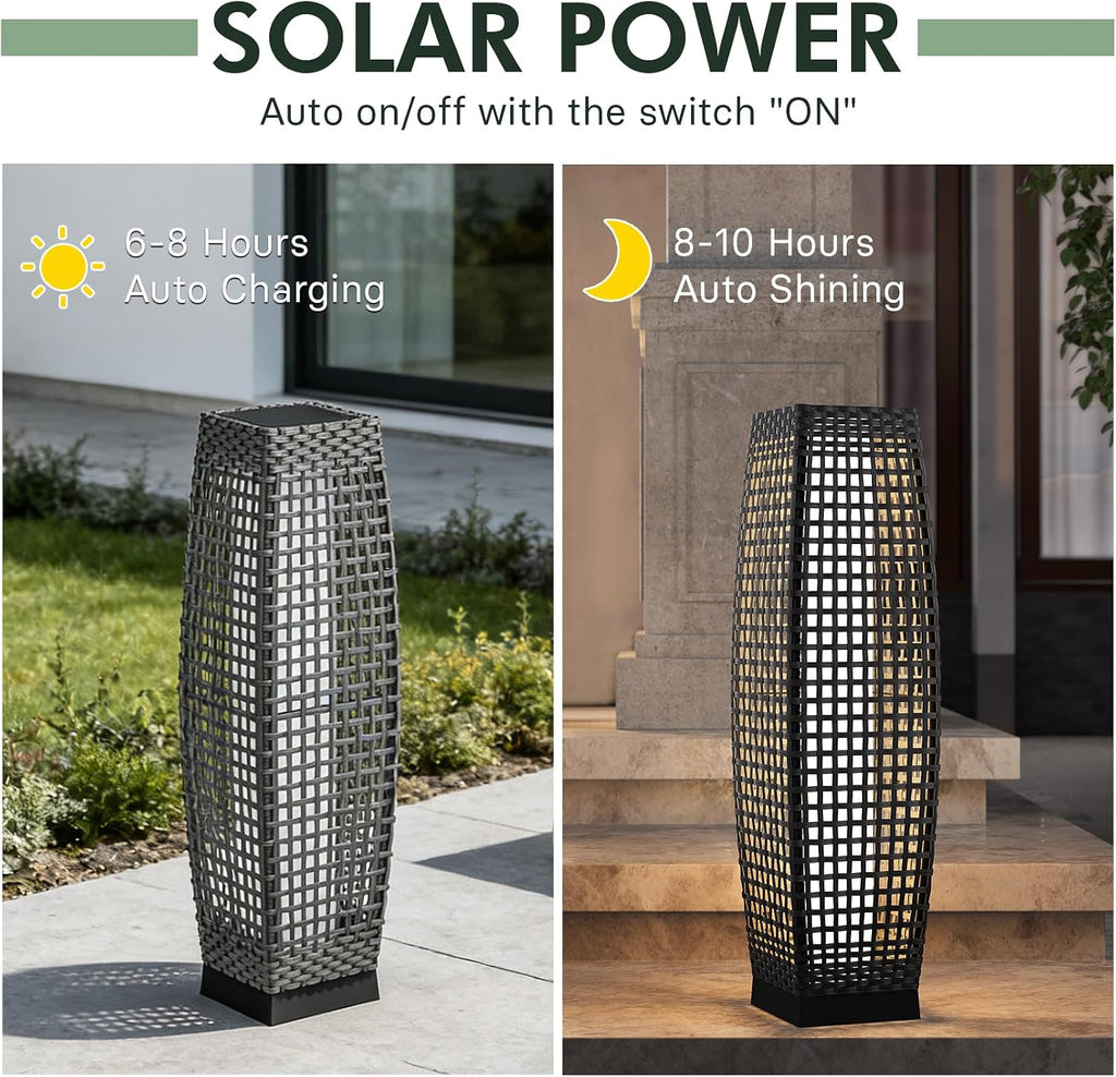 Grand Patio 2-Piece Outdoor Solar Floor Lamps, Wicker Lantern Lights, Water-Resistant Patio Lighting for Deck, Garden & Porch, Large Fuji, Silver Gray