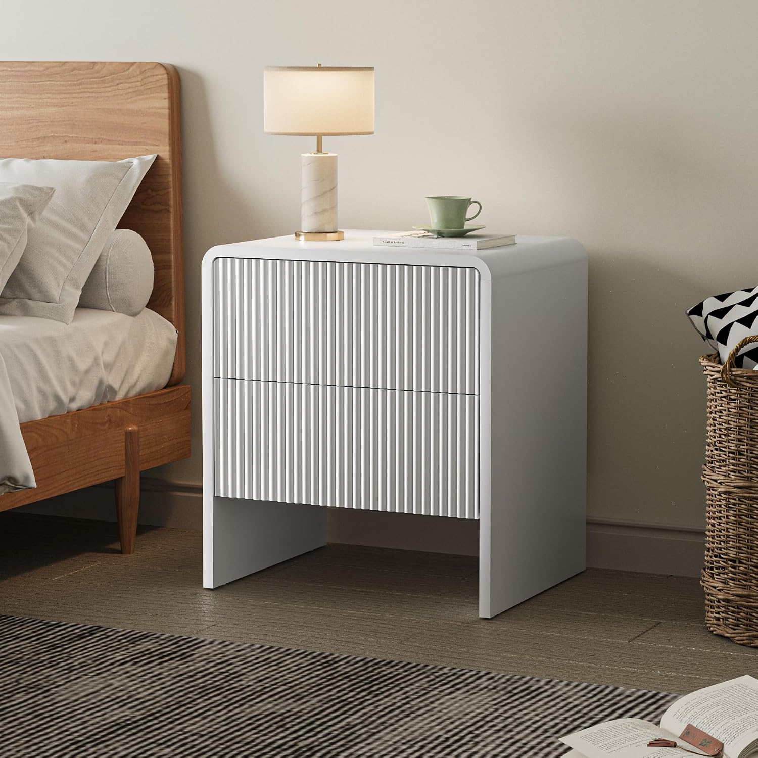 Set of 2 Curved Nightstand with 2 Drawers, Wooden Bedside Table with Push to Open Storage, Modern End Table for Bedroom, White