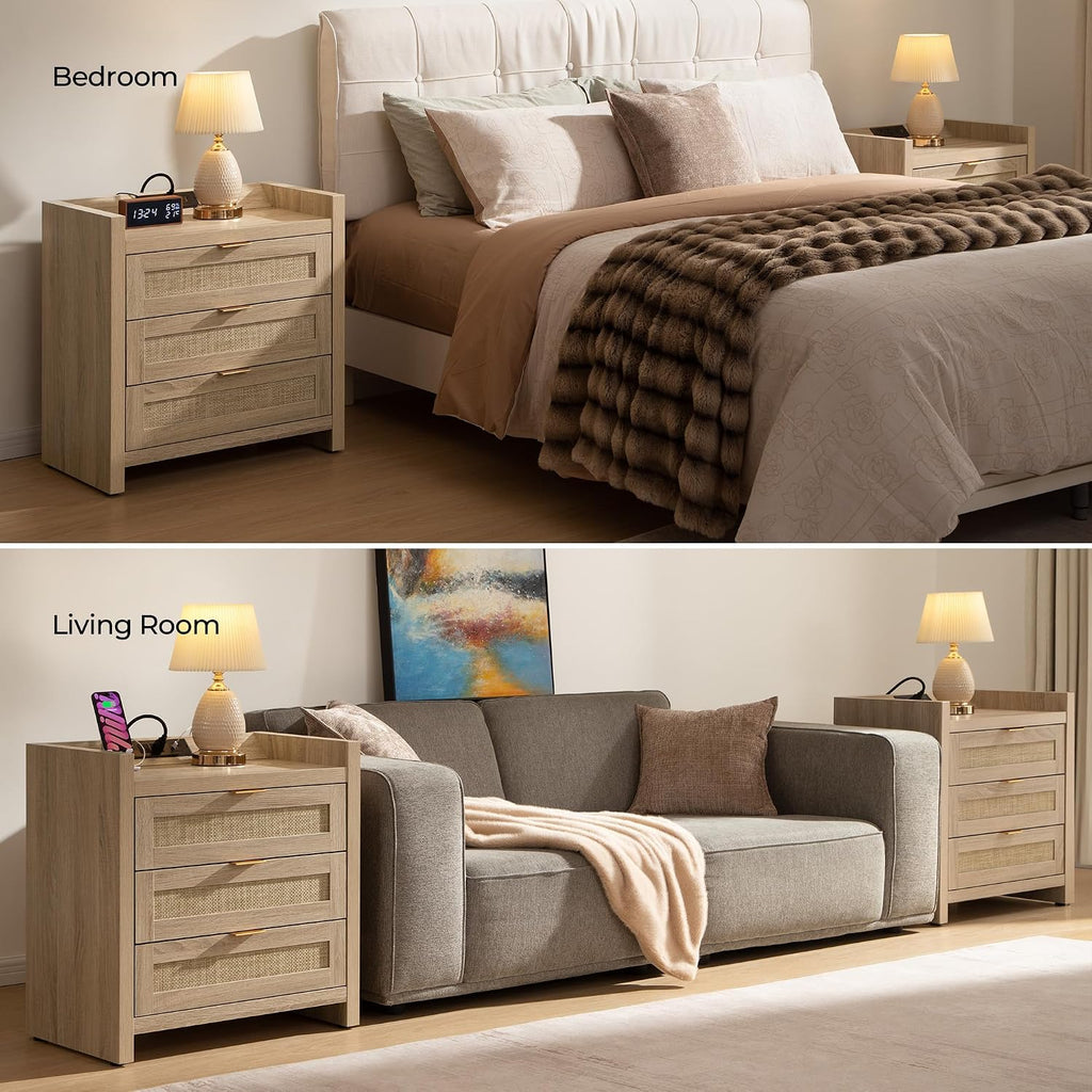 SICOTAS Rattan Nightstands Set of 2 Bedside Table - Larger Night Stand with Type-C Charging Station, 3 Drawers Storage, Boho Night Stands End Table for Bedroom Office - Light Oak
