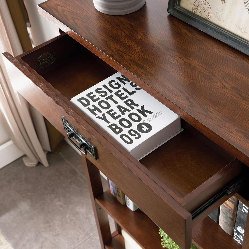 Leick Home 82262 Mission Mantel Height Bookcase with Slatted Sides and Top Drawer, Made with Solid Wood, for Living Rooms, Mission Oak Finish, Brownbronze