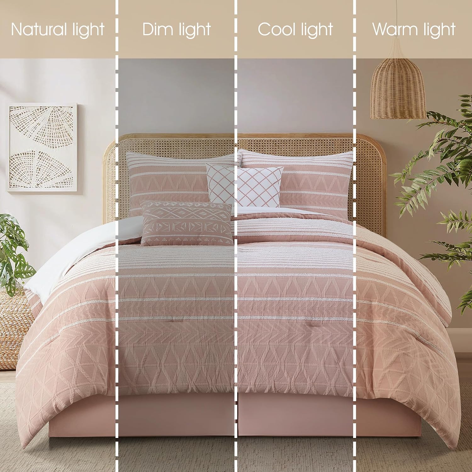 Stratford Park Cotton Queen Size Comforter Set, Blush Geometric Jacquard Bedding Set, Cozy 6 Piece Bedding Set, Bedskirt, Pillows & Shams, Home Decor
