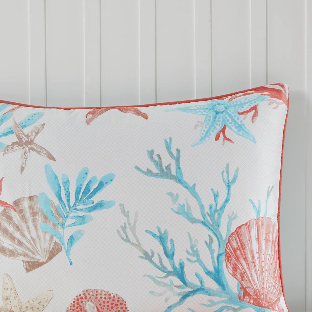 Madison Park 100% Cotton Comforter Set - Coastal Coral, Starfish Design All Season Down Alternative Cozy Bedding with Matching Shams, Decorative Pillow, California King(104'x92'), Teal 7 Piece