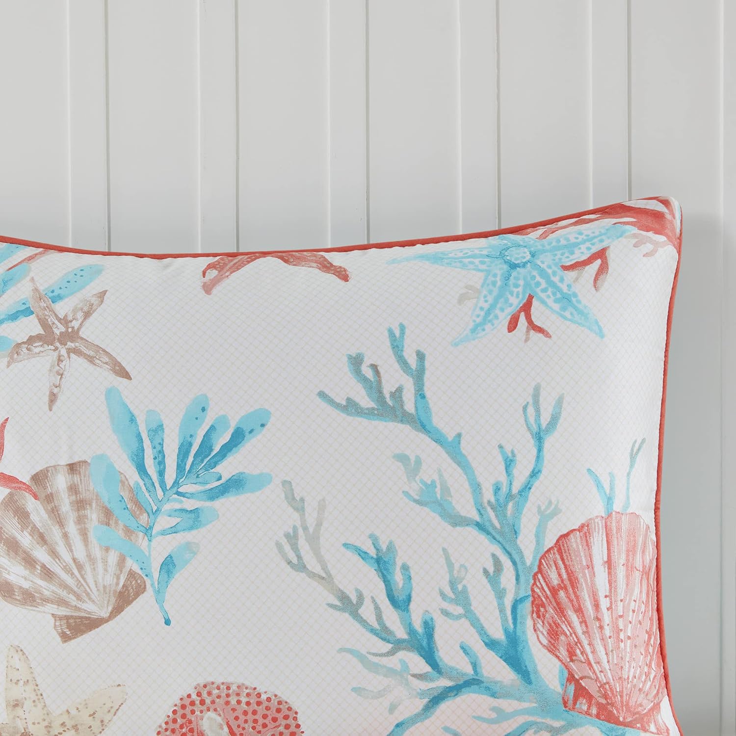 Madison Park 100% Cotton Comforter Set - Coastal Coral, Starfish Design All Season Down Alternative Cozy Bedding with Matching Shams, Decorative Pillow, King(104'x92'), Teal 7 Piece