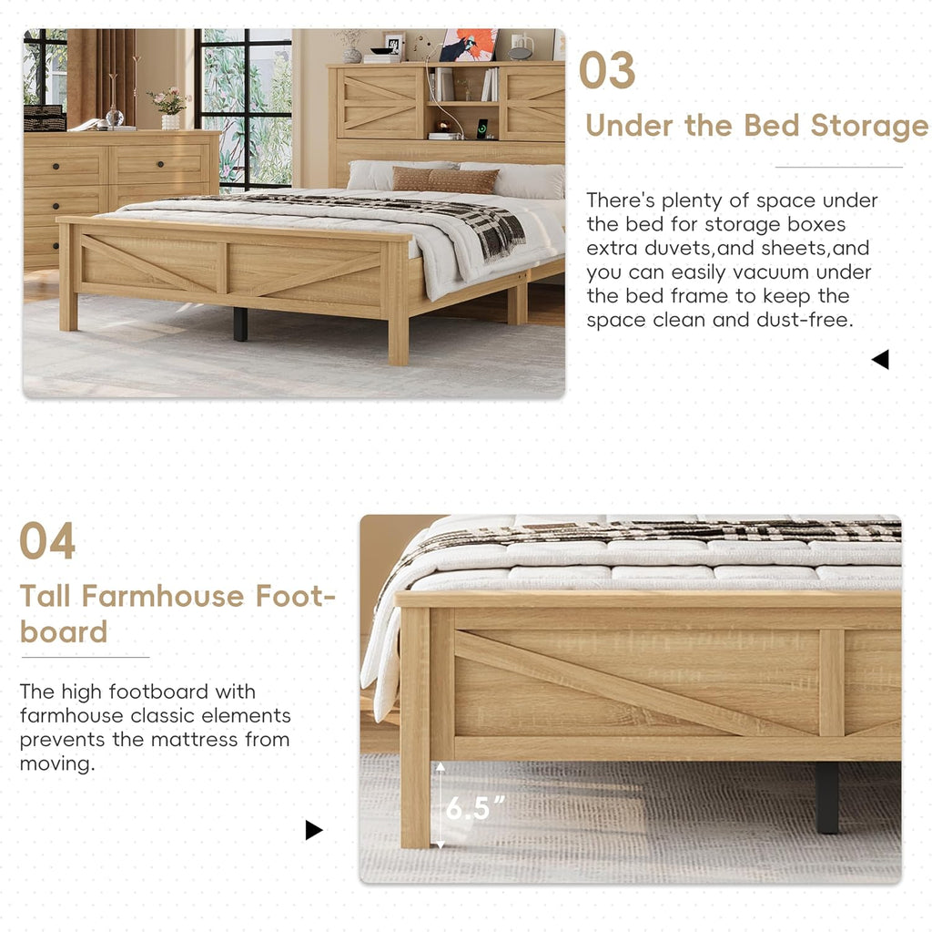SOFTSEA 3 Pieces Farmhouse Bedroom Set, Full Size Platform Bed with a Nightstand and 6-Drawer Dresser, Wood Platform Bed with Sliding Barn Door Headboard and Charging Station, Natural