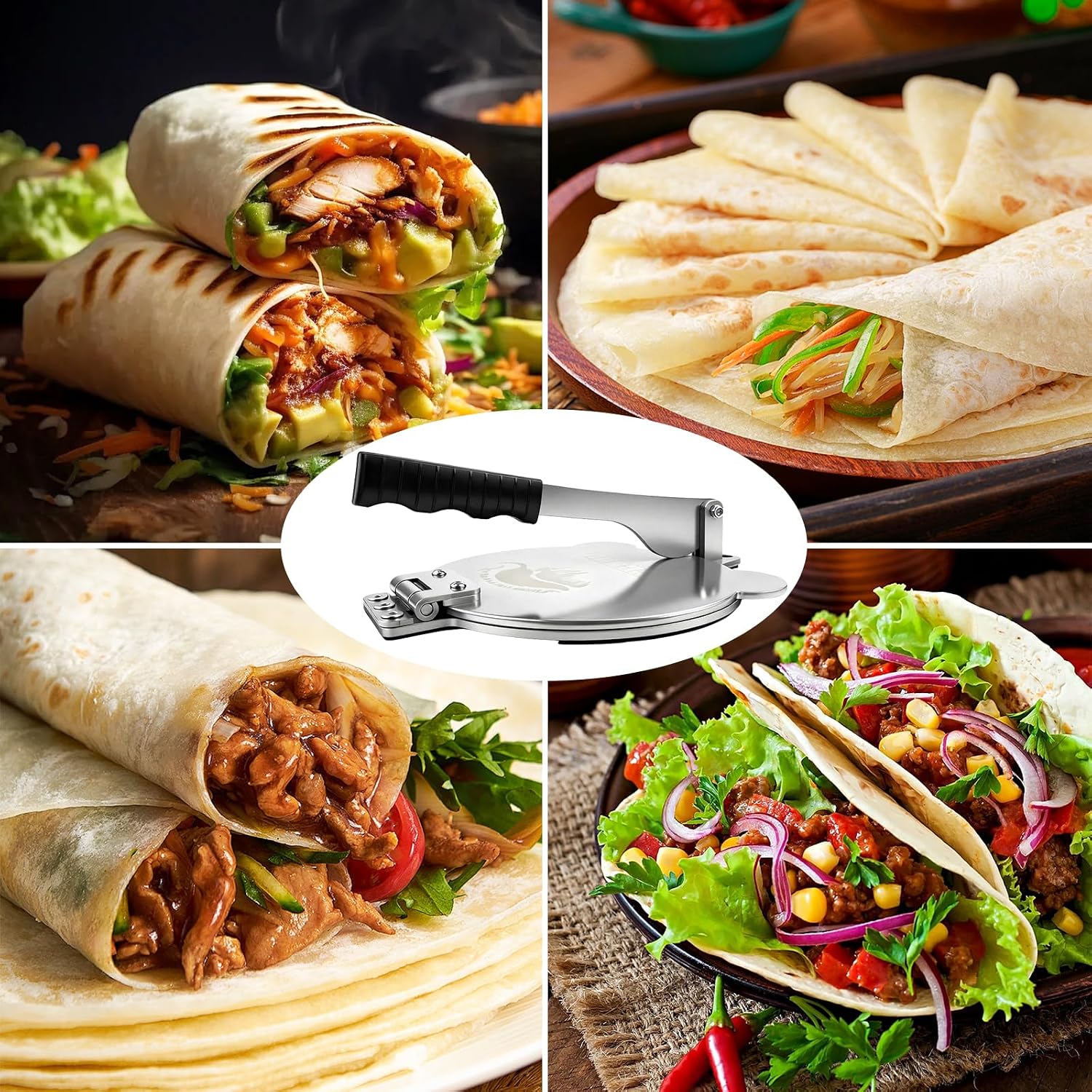 Tortilla Press Stainless Steel，SELERS,Heavy Duty, Adjustable To Press Different Thickness Of Crust, Removable, For Flour Tortilla, Roti, Flatbreads, Taco, Pie, Silver (10.5 inch)
