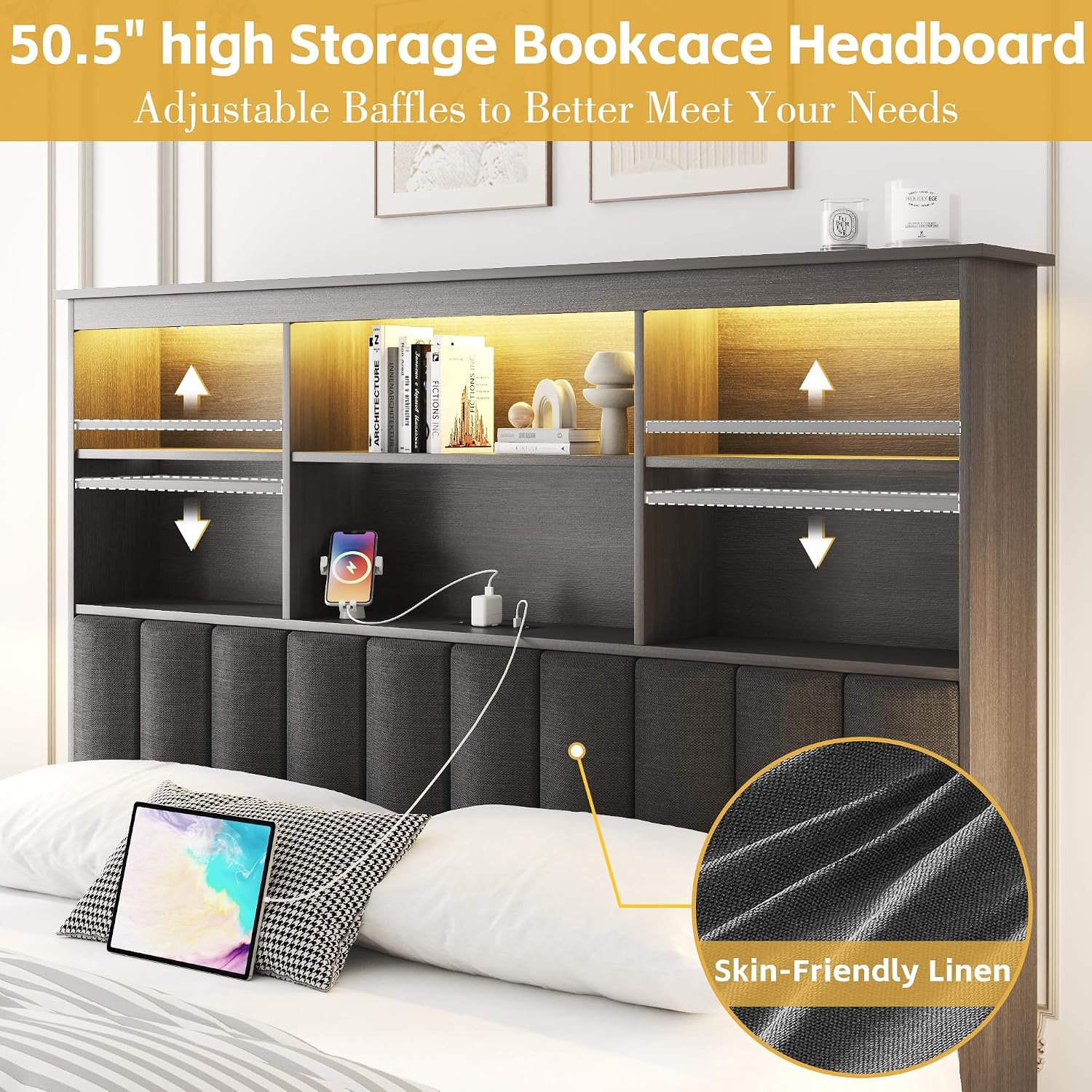 Lifezone Queen Bed Frame with Headboard, Queen Bed Frame with High Storage Bookcase Headboard, 4 Storage Drawers & Charging Station, No Box Spring Needed/Noise Free/All-Metal Support, Rustic Grey