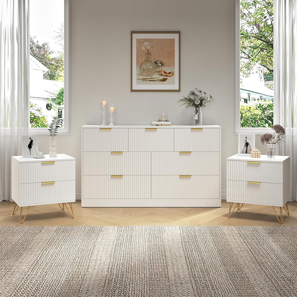 7 Drawer Dresser and Nightstand Sets, 3 Pcs Bedroom Set for Bedroom, Fluted Night Stand Set of 2 & 55' Wide Dresser w/Gold Handles, Modern Wood Chest of Drawers Storage Cabinet Set, White