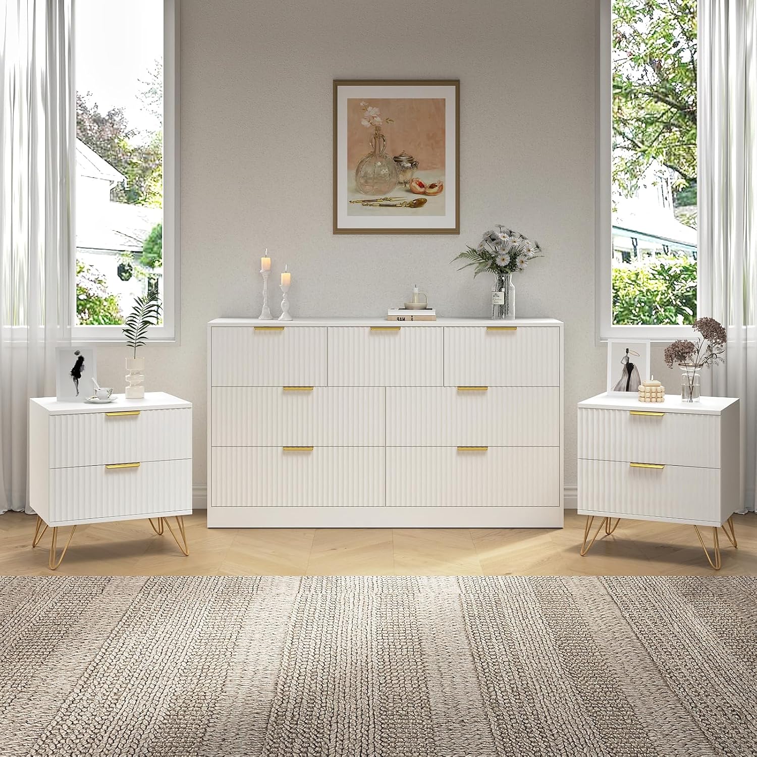 7 Drawer Dresser and Nightstand Sets, 3 Pcs Bedroom Set for Bedroom, Fluted Night Stand Set of 2 & 55' Wide Dresser w/Gold Handles, Modern Wood Chest of Drawers Storage Cabinet Set, White