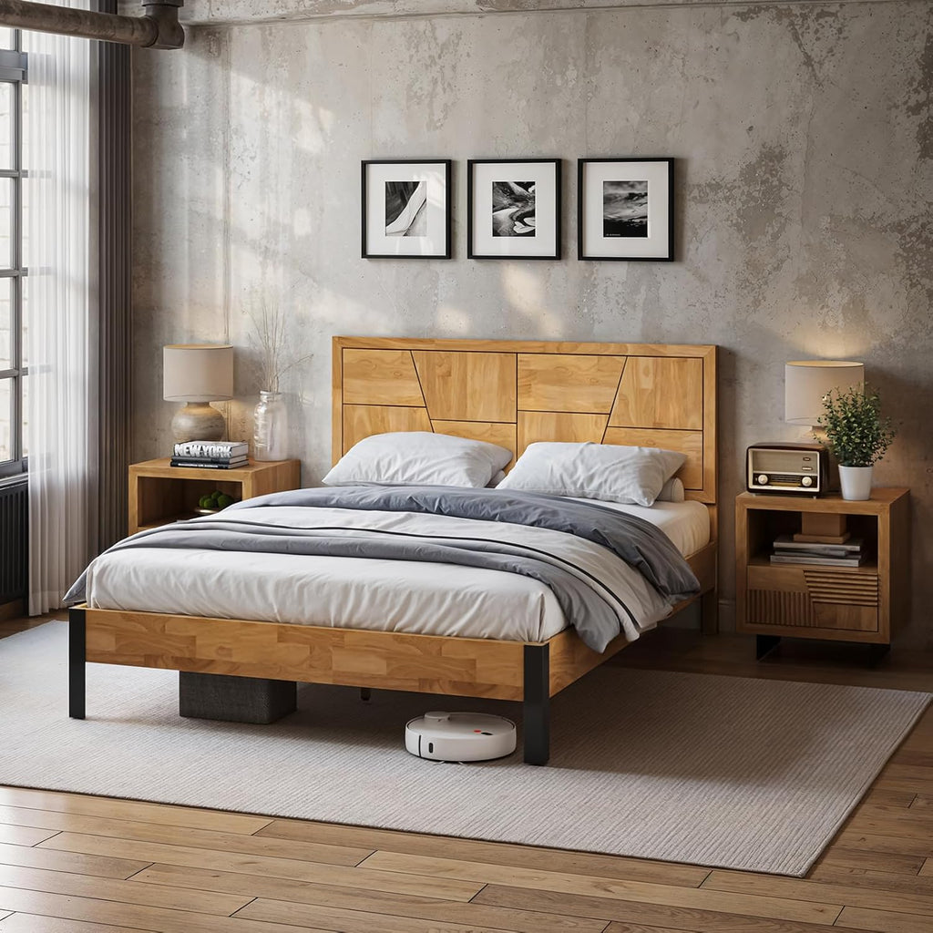 Bme Trapeze Queen Bed Frame – Modern Solid Wood Bed with Smooth Pattern Headboard, Black Metal Legs, Light Natural Finish – Durable Queen Size Platform Bed for Contemporary Bedrooms