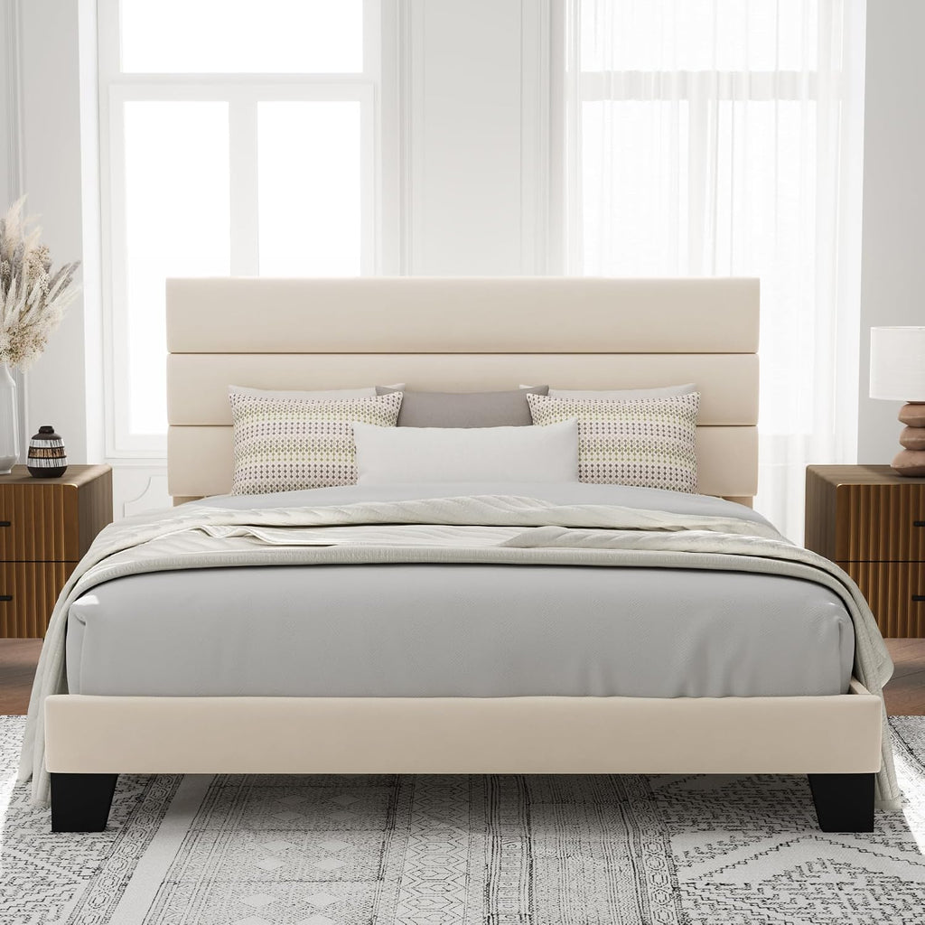 Allewie King Size Platform Bed Frame with Velvet Upholstered Headboard and Wooden Slats Support, Fully Upholstered Mattress Foundation/No Box Spring Needed/Easy Assembly, Cream