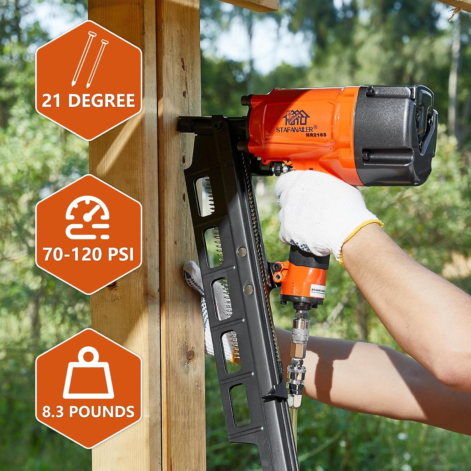 NR2183 High Speed Framing Nailer, 21 Degree Pneumatic Framing nail gun, 2-Inch up to 3-1/4-Inch Plastic Collated Full Head Framing Nails, Framing, Wooden House Building