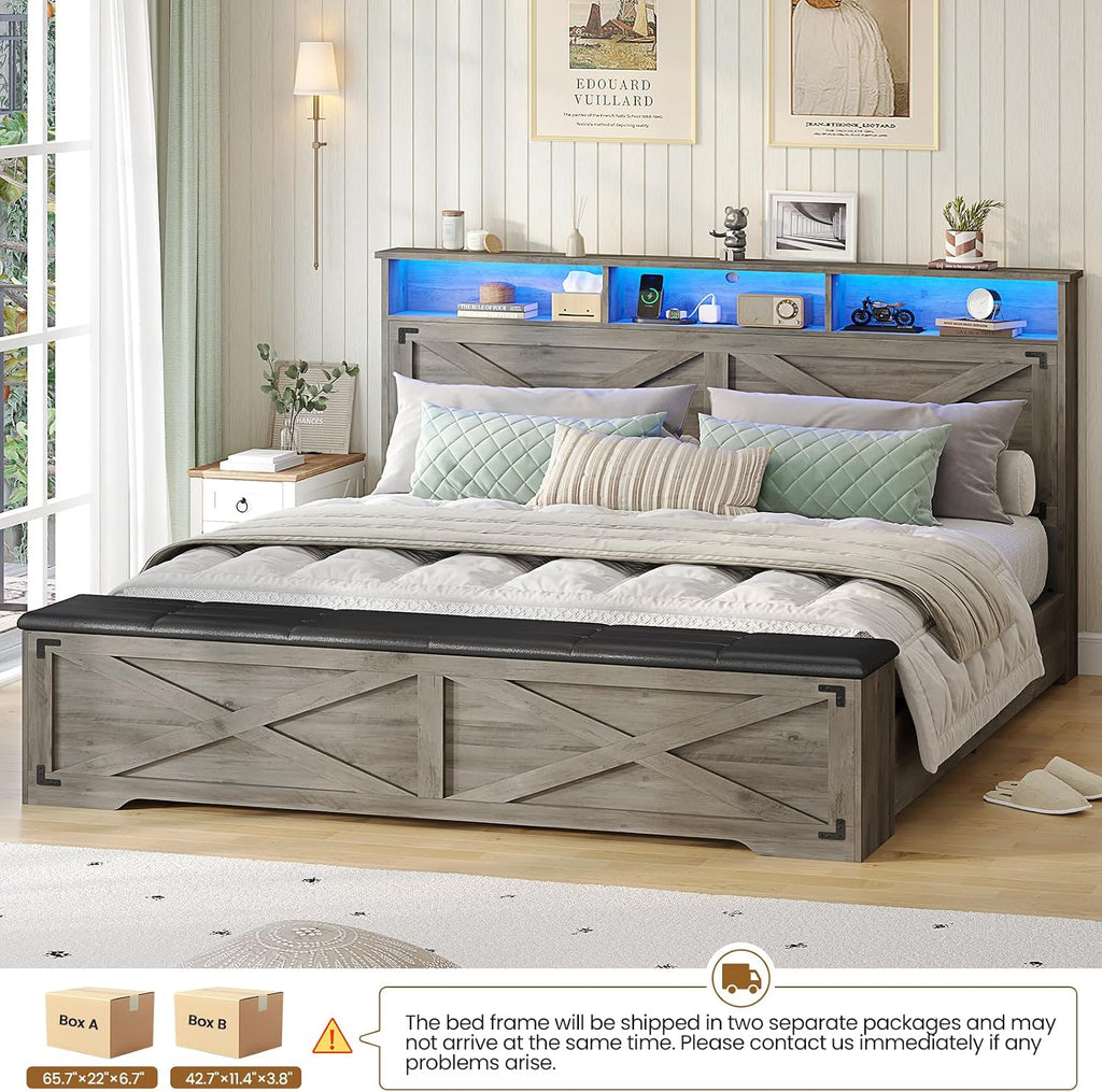 Hasuit Queen Size Bed Frame with Storage Ottoman, Farmhouse Bed Frame with Charging Station and Led Light, Headboard with Storage Rack, Metal Slats, No Noise Design, No Box Spring Needed,Oak Grey