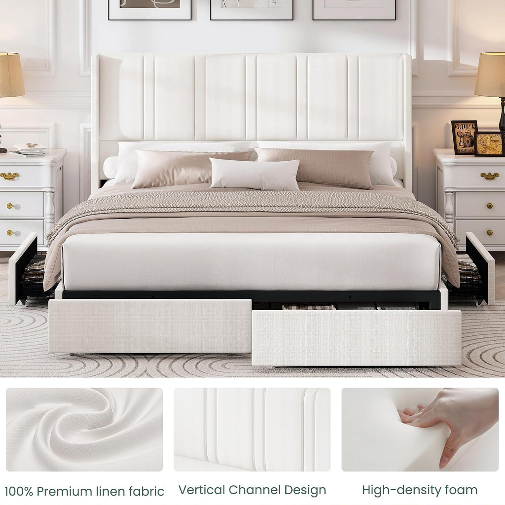 LARMACE King Size Bed Frame with 4 Storage Drawers and Wingback Headboard Linen Upholstered Platform Bed Frame with Wooden Slats, Easy Assembly, White