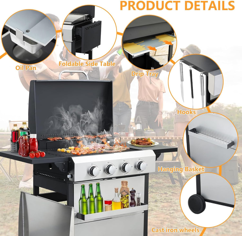 4-Burner Propane Gas BBQ Grill with Plate, 49200 BTU 2 in 1 Propane Griddle Grill Combo with 2 Foldable Side Table for Outdoor Cooking Camping Patio Backyard (4 burner +griddle)