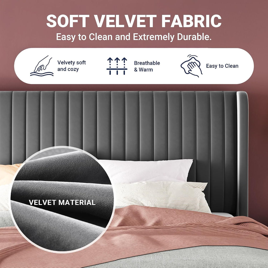 Allewie King Size Velvet Bed Frame/Vertical Channel Tufted Wingback Headboard/Upholstered Platform Bed/No Box Spring Needed/Strong Wooden Slats/Easy Assembly/Grey