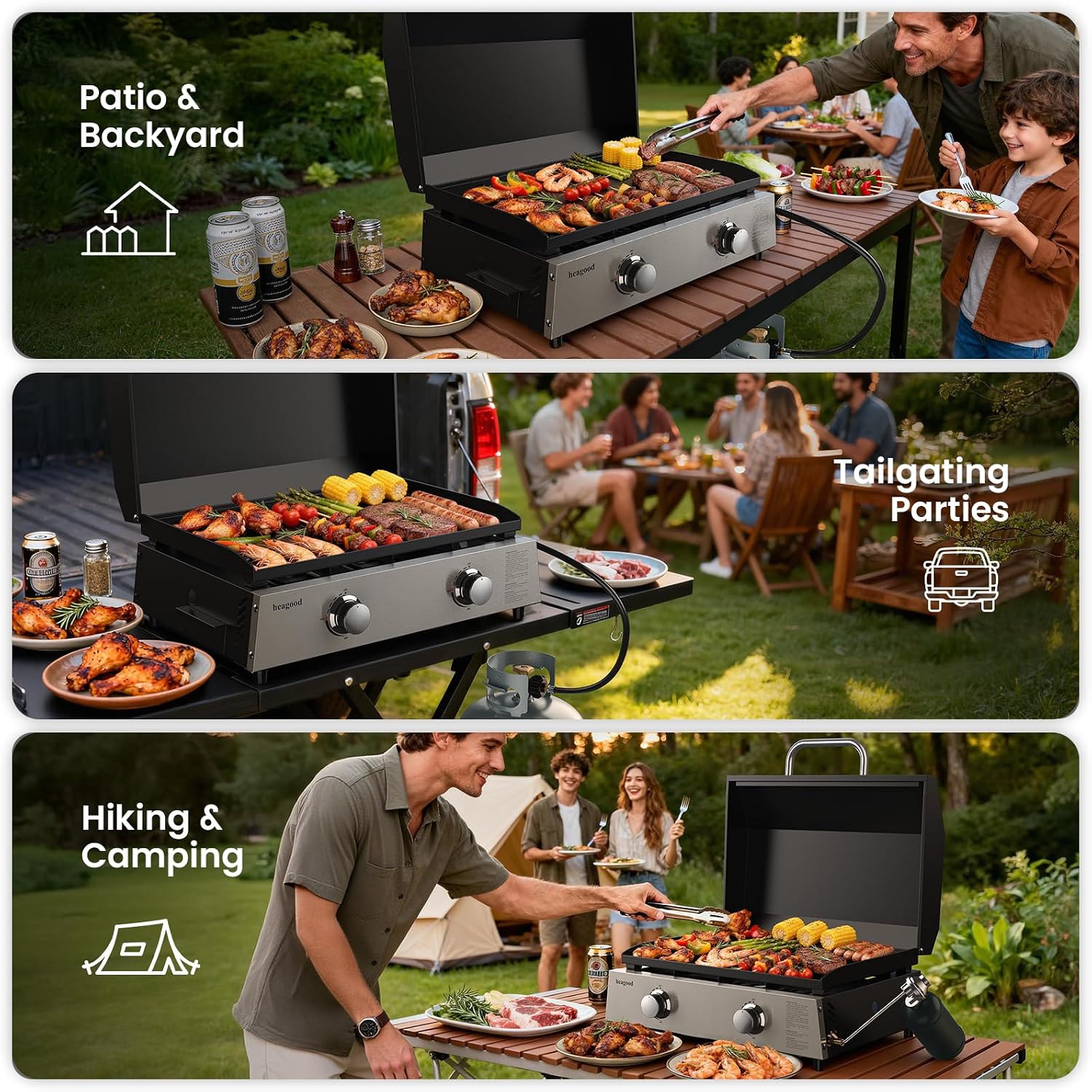 Flat Top Gill, Outdoor Griddle 22' Tabletop Gas Griddle with Hood for Outdoor Camping Tailgating (24000 BTU, 2 Burner, Carbon Steel Plate)