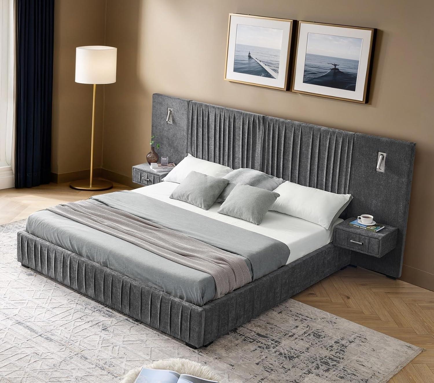 KEIKI Queen Size Chenille Bed Frame with 2 Nightstands, Lamps & Oversize Headboard, Solid Wood Frame Platform Night Stand Bedroom Set, Upholstered Floor Grounded Bed, No Box Spring Needed, Dark Grey