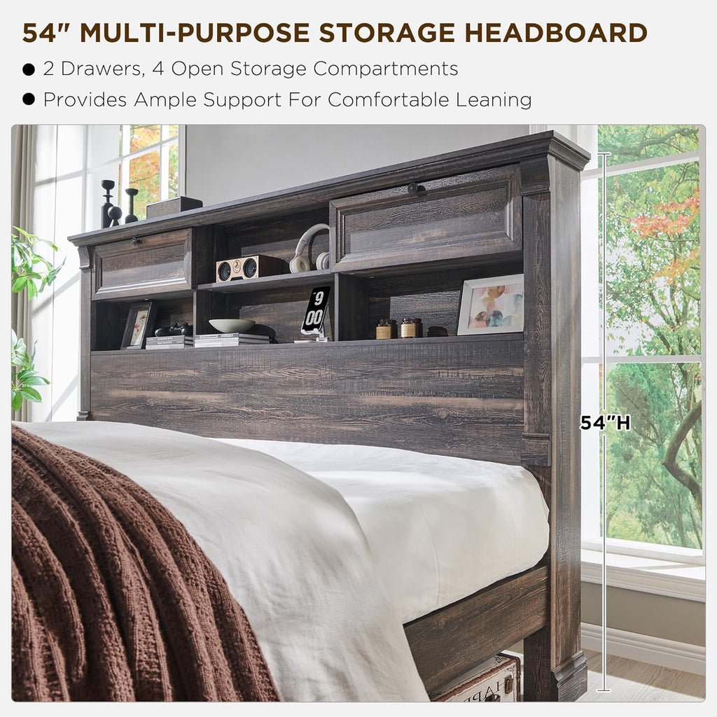 Farmhouse Queen Size Bed Frame with 54' Tall Headboard, Headboard with 4 Storage Rack, 2 Drawers, 18' Roman Column Decoration Footboard, Wood Platform Bed Frame, No Box Spring Needed(Dark Rustic Oak)