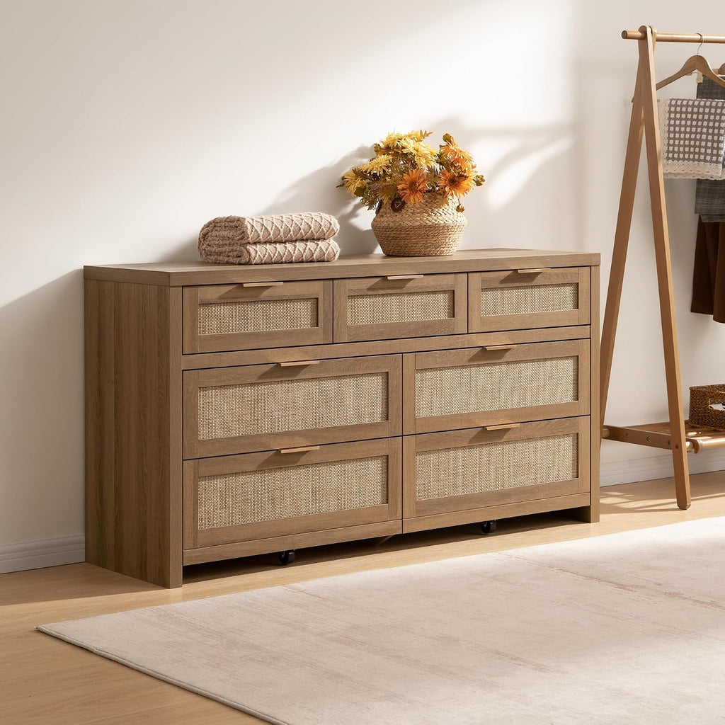 SICOTAS 7 Drawer Dressers for Bedroom Set 2, Long Rattan Dresser, Dresser TV Stand, Closet Organizer Chest of Drawers, Clothes Storage Dressers (Reclaimed Caramel Oak, 7 Drawers (2 pcs))