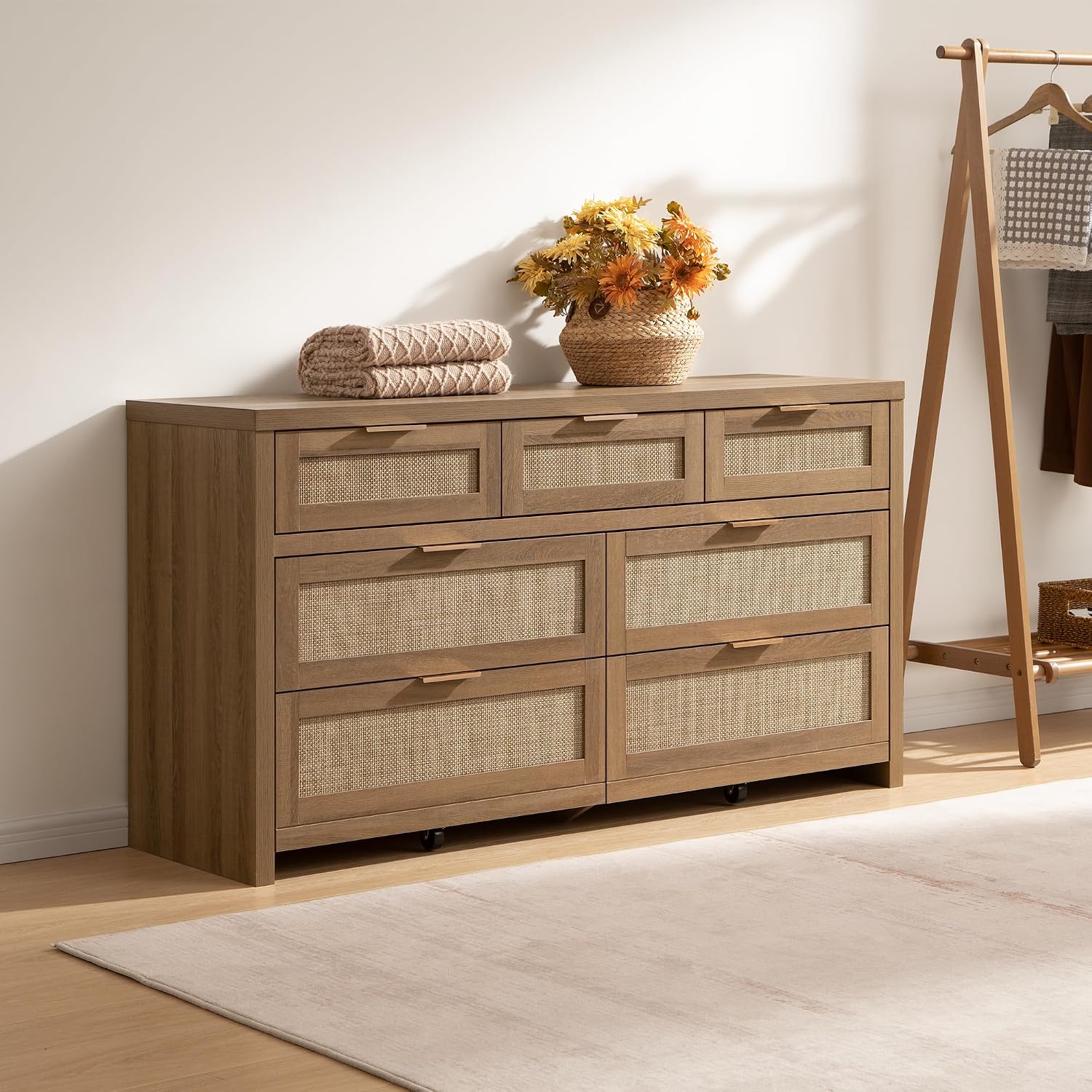 SICOTAS 7 Drawer Dressers for Bedroom Set 2, Long Rattan Dresser, Dresser TV Stand, Closet Organizer Chest of Drawers, Clothes Storage Dressers (Reclaimed Caramel Oak, 7 Drawers (2 pcs))